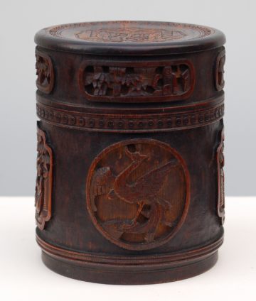 Antique 19th C CHINESE CARVED BAMBOO TEA CADDY Qing Signed