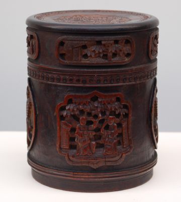 Antique 19th C CHINESE CARVED BAMBOO TEA CADDY Qing Signed