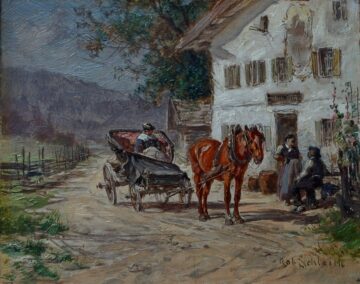 Carriage outside a Bavarian Farmhouse by Robert Schleich 1845-1934