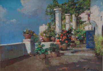 Italian Amalfi Coast Terrace 1950s by Mario Maresca (1877-59) oil on canvas